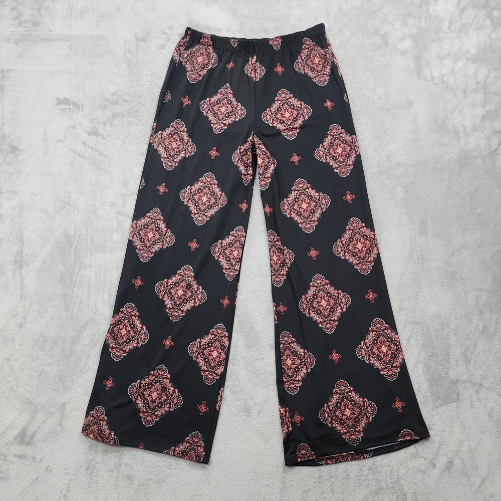 Tiffany & Grey Pants Womens L PETITE Black Wide Leg Floral Boho Lounge Pull On
